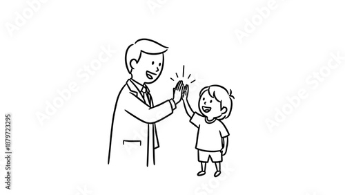 Father and son high five in simple black and white line drawing