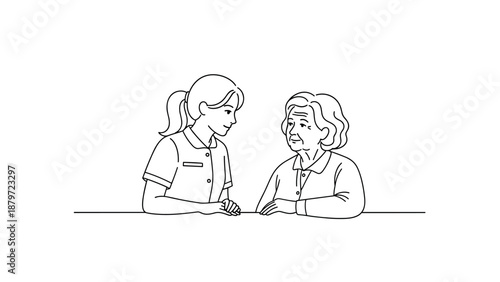 Caring interaction between young nurse and elderly woman in simple line art style