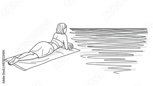 Relaxing minimalist sketch of woman sunbathing by the ocean