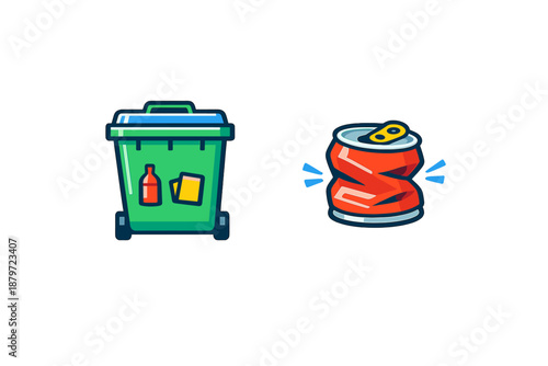 Recycling icons: green bin and crushed can