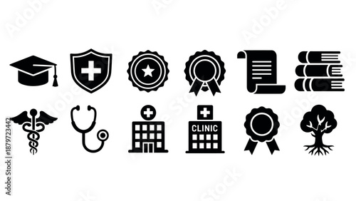 Education and healthcare icons collection in bold silhouette style