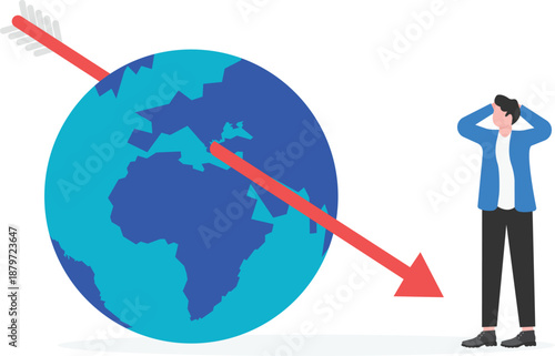 Businessman Stressed by Falling Global Economy Arrow