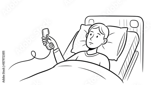 Worried patient holding call button in hospital bed black and white drawing
