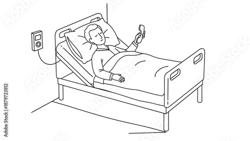Hospital patient resting in bed using smartphone in linear art style