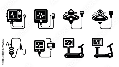 Medical equipment icons: heart monitors, treadmills, ultrasounds in bold silhouette