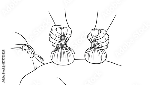 Herbal compress massage therapy scene in linear style for relaxation and wellness
