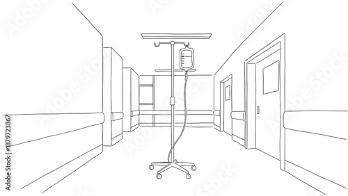 Linear hospital corridor with iv stand drawing for medical design projects