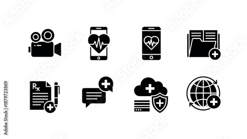Healthcare and multimedia icons: communication, medical records, and security in silhouette style