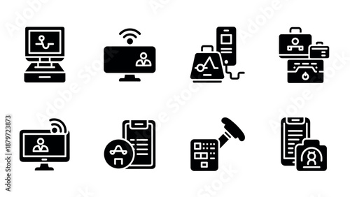 Medical technology icons set in silhouette style with computers and monitoring devices