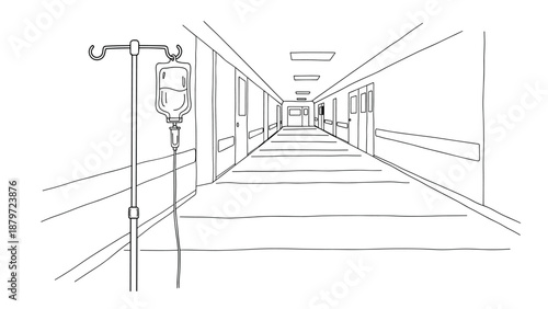 Linear hospital corridor with iv drip stand and symmetrical perspective