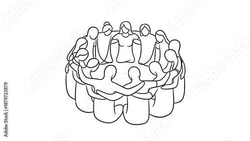 Continuous line drawing of diverse group in unity circle embracing connection