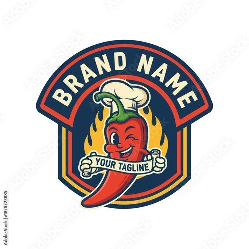 Cartoon Red Chili Pepper Chef Hat Logo.