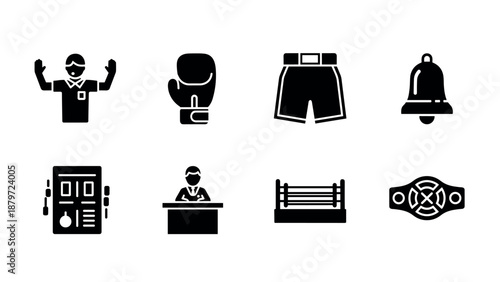 Black and white boxing icon set featuring gloves, ring, and referee symbols