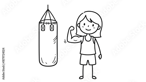 Cute cartoon character flexing arm beside punching bag in black and white line art