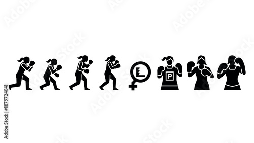 Woman boxer silhouette icons for feminism and fitness concepts