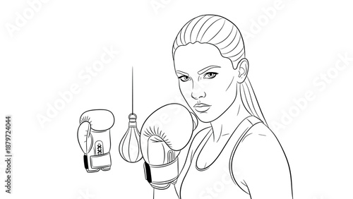 Line art illustration of determined female boxer with gloves and speed bag