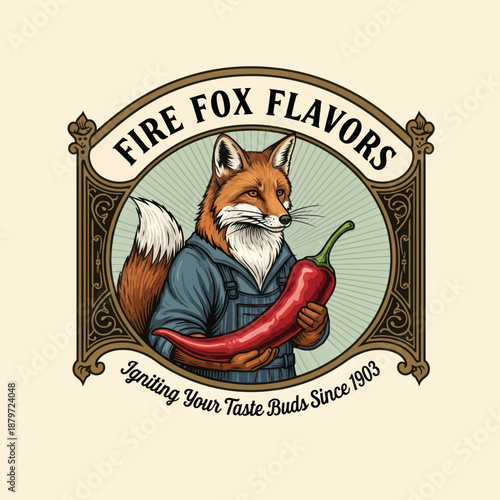 Quadro su tela Cartoon Fox Holding Red Pepper Illustration.