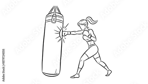 Dynamic female boxer training with punching bag in linear art style