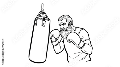 Line art boxing: bearded man training with heavy bag