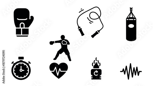 Boxing and fitness icons set: silhouette style gym equipment and exercise symbols