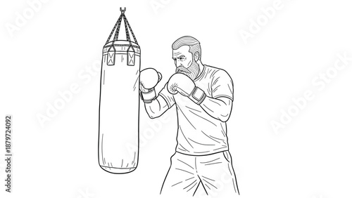 Boxer training with punching bag in line art style for fitness enthusiasts