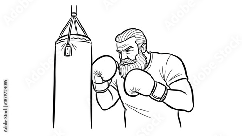Boxer with beard training by punching bag in dynamic black and white design