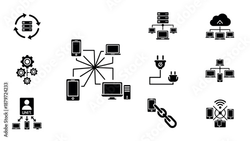 Network connectivity icons: black silhouette symbols for tech devices and cloud integration