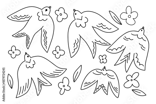 Set of linear stylized swifts among flowers in doodle style, patterned elegant flying birds for design and decoration
