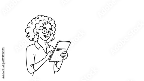 Happy woman reading tablet in curly hair line art drawing