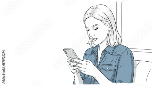 Woman engaged with smartphone in minimalist black and white linear artwork