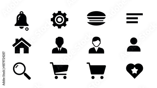 Minimalist icon set featuring various everyday symbols in black silhouette style