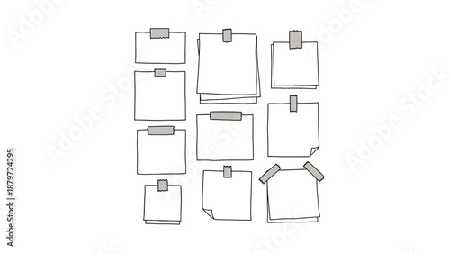 Diverse sticky notes set with tapes and clips in sketch style