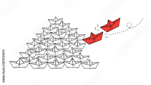 Leadership concept with origami boats in black and red on white background