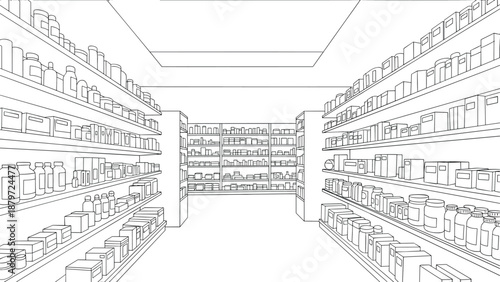 Linear outline of pharmacy shelves with various products and medicine