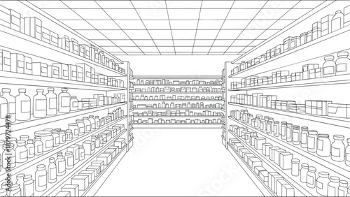 Linear supermarket aisle with shelves full of bottles and boxes