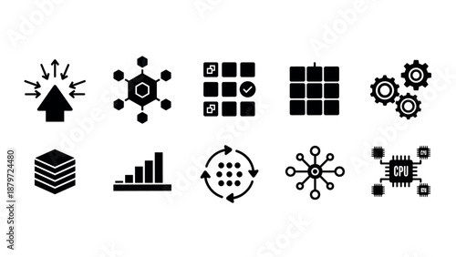 Minimalist technology icons set: simple black icons for network and data concepts