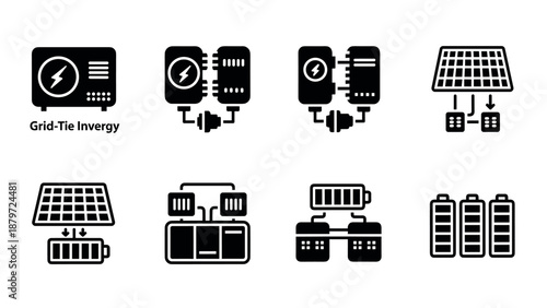 Set of solar power energy icons: grid tie inverter, battery storage, renewable tech