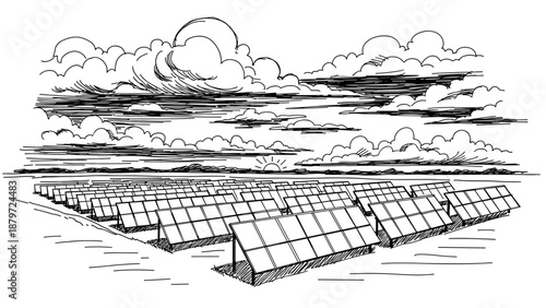 Hand-drawn solar panels in a desert landscape with dramatic clouds