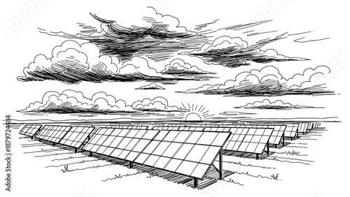Hand drawn solar panels under cloudy sky with sunlight