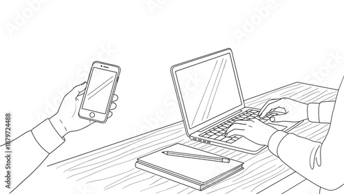 Minimalist line art of business workspace with laptop and smartphone interaction