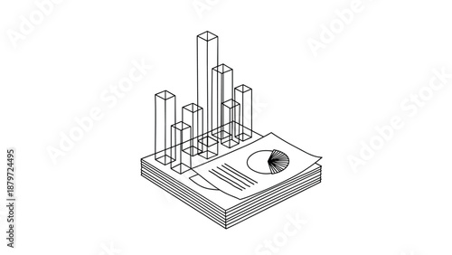 Isometric design of financial report with 3d graph elements and spreadsheet