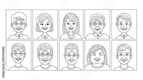 Black and white line art of diverse people portraits in simple outlined style