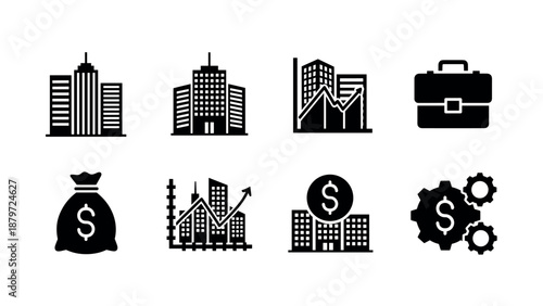 Business and finance icons: silhouette cityscape, graph trends, money symbols