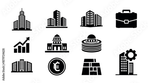 Set of business and architecture icons in black silhouette style