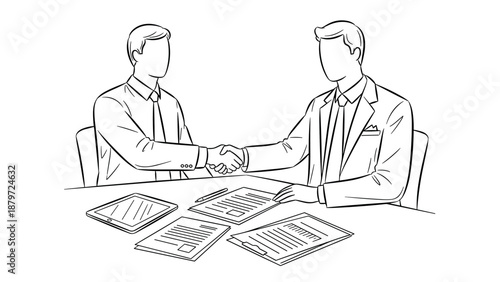 Business partnership agreement: two professionals shaking hands over documents in office
