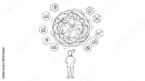 Businessman contemplates global network of data connections and analytics in linear style