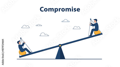 Businessmen balancing on seesaw illustrating compromise in business