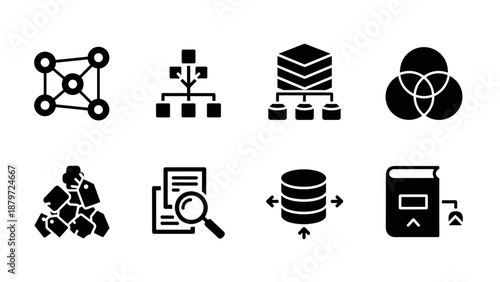 Collection of bold data icons: database, network, and more in simple black design