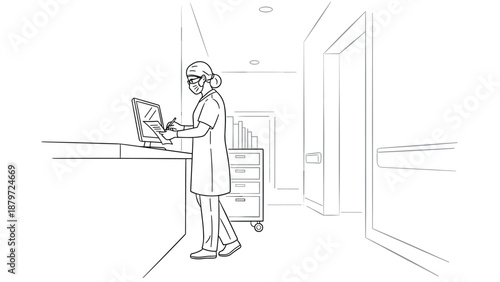 Healthcare professional working in modern hospital corridor in linear style