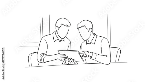 Collaborative teamwork: two professionals discussing over a tablet in a linear style